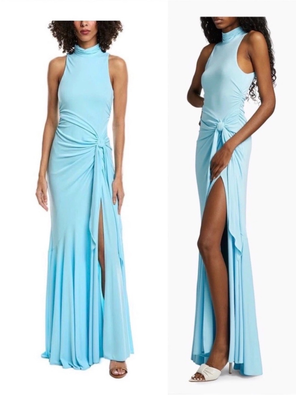 cinq a sept Rori High Neck Knot Waist Gown Light Blue Front Slit Maxi Elegant